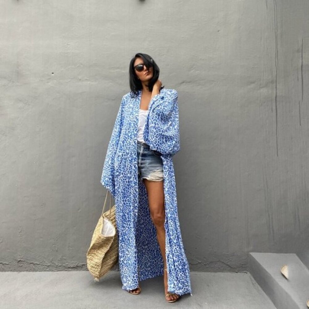 Leopard print polka dot print floor-length thin trench coat belt coat